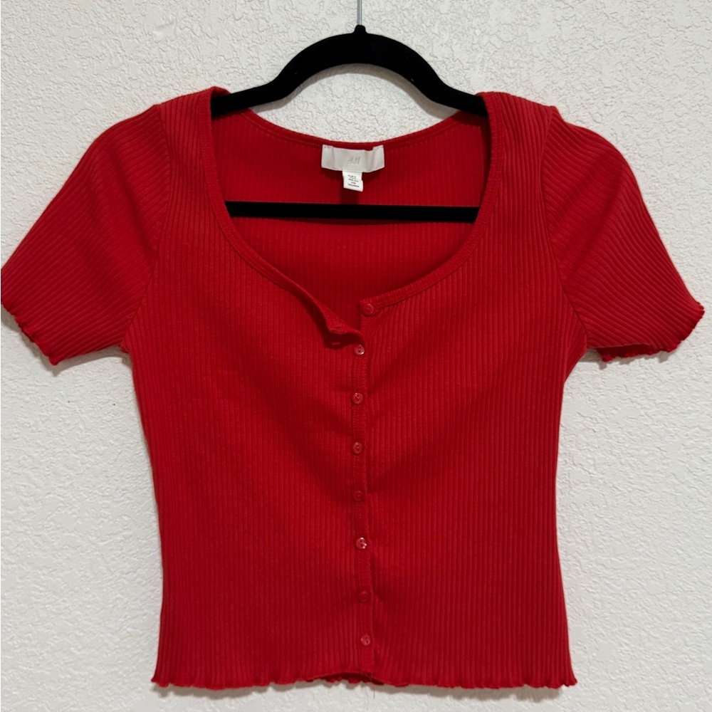 Red Button-Up Ribbed Top